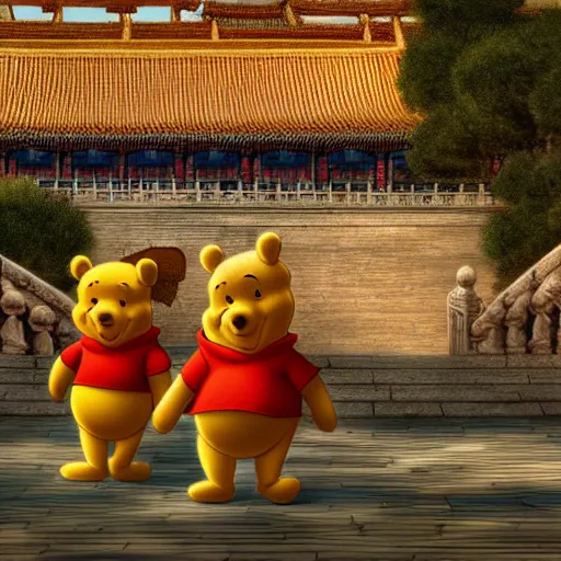 Prompt: winnie the pooh explores the forbidden city in china, award winning photography, extremely detailed artstation 8 k sensual lighting epic composition, weta pixar disney