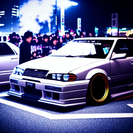 Image similar to a car JZX90 twin turbo drift at illegal car meet, Shibuya prefecture, city midnight mist lights, cinematic lighting, photorealistic, highly detailed wheels, high detail