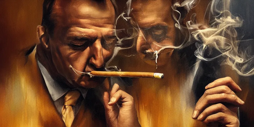 Image similar to abstract oil matte portrait painting, mafia boss smoking a cigar at his 5 0 s new york office desk, wonderful masterpiece highly detailed, beautiful cinematic light deep focus, elegant, digital painting, smooth, sharp focus, golden ratio, dramatic illumination, ultra realistic, 8 k, art by jimmy law