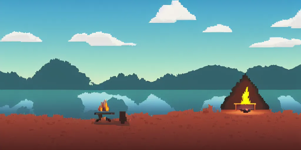 Image similar to a beautiful!!!!!!!! solitary campfire with a beautiful!!! lake in the background, no people, lonely landscape, pixel art, trending on artstation, highly detailed