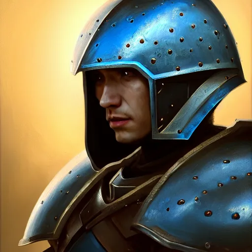 Image similar to beautiful oil portrait painting of blue alwyte armor, medieval armor, knight, natural light, outside. artstation, concept art, smooth, sharp focus, illustration, by bartek fedyczak, erak note, tooth wu, neil richards, kan liu, siwoo kim, jisu choe