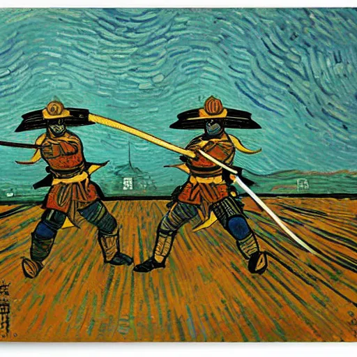 Image similar to samurai fights robots by van gogh