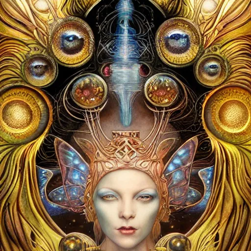 Prompt: beautiful closeup portrait of an art deco faerie queen, glowing eyes. reflective detailed textures, moth wings, highly detailed dark fantasy science fiction painting by tom bagshaw and michael whelan and diego rivera and annie swynnerton and jean delville, elaborate geometric ornament, ancient runes, silver and cool colors. artstation