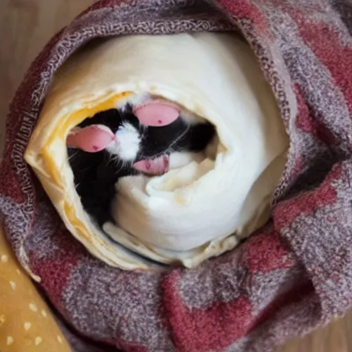 Image similar to a cute cat trapped in a burrito, covered in ketchup and mayonnaise