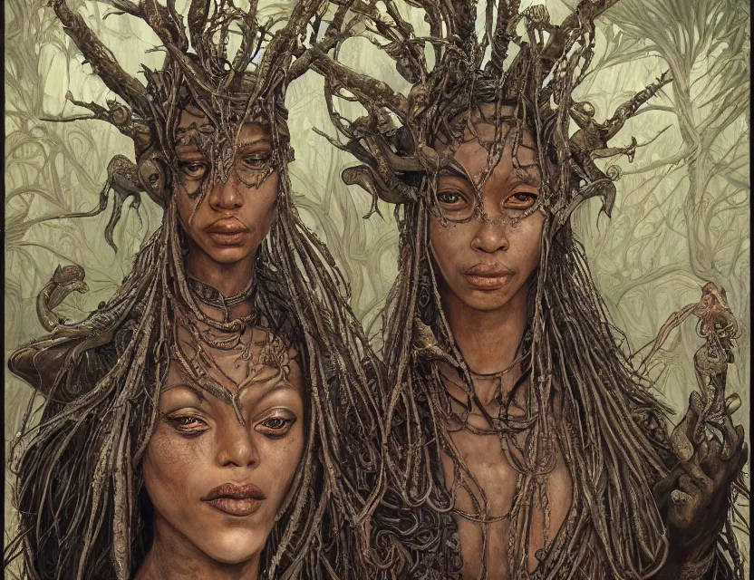 Image similar to a detailed portrait inspired by rebecca guay and mtg of the anthropomorphic frog mantis wizard shaman in his muddy creek. ancient african fantasy anime movie poster in the style of riven and myst. symmetry. arcane symbolism, intricate surrealist fantasy artwork. oil on canvas. award winning. dramatic. trending on artstation. 8 k