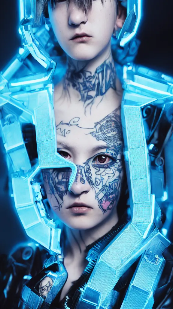 Prompt: full body shot of young woman punk dressed in cyberpunk clothing, soft blue light, by rineke dijkstra and artgerm, intricate details, highly detailed, sharp focus, masterpiece, 8 5 mm