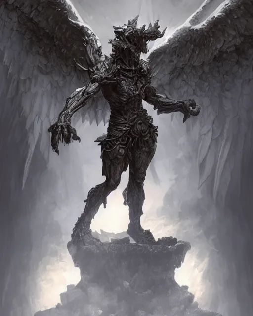 Image similar to Gargoyle Angel, D&D, artstation, fantasy, magic the gathering artwork, cinematic lighting, centered, symmetrical, highly detailed, digital painting, , concept art, smooth, sharp focus, illustration, volumetric lighting, epic Composition, 8k, art by Akihiko Yoshida and Greg Rutkowski and Craig Mullins, oil painting, cgsociety