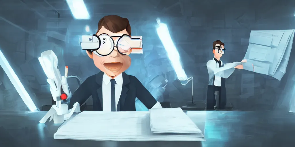 Prompt: scientist is holding a folder of documents, he is in shock, the folder glows and lights up his face, professional lighting, concept art, detailed art, 2 d digital painting, dark building