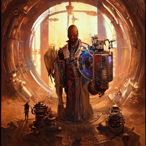 Prompt: a dogon priest opening a steampunk portal by greg rutkowski and android jones, oil on canvas