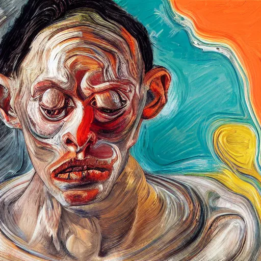 Image similar to high quality high detail expressionist painting of a man in agony by lucian freud and jenny saville and francis bacon, hd, anxiety, turquoise and orange