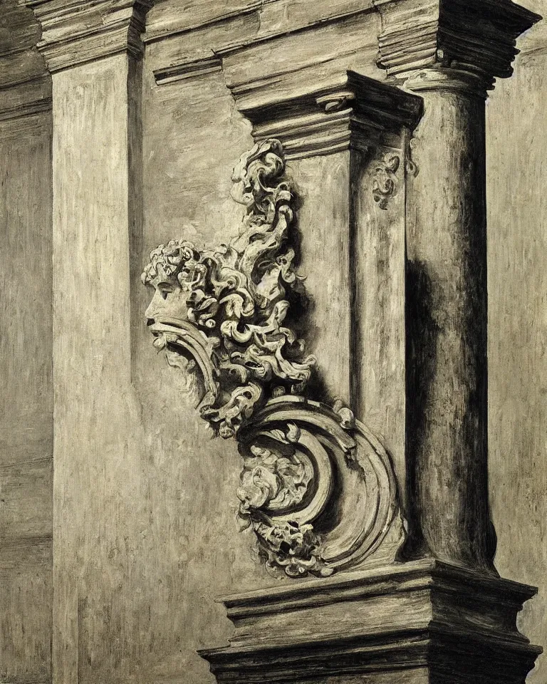 Image similar to achingly beautiful painting of intricate ancient roman corinthian capital on black background by rene magritte, monet, and turner. giovanni battista piranesi.