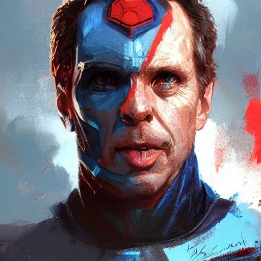 Image similar to portrait of superhero by greg rutkowski, michael biehn wearing a blue and red kevlar gear, highly detailed portrait, digital painting, artstation, concept art, smooth, sharp foccus ilustration, artstation hq