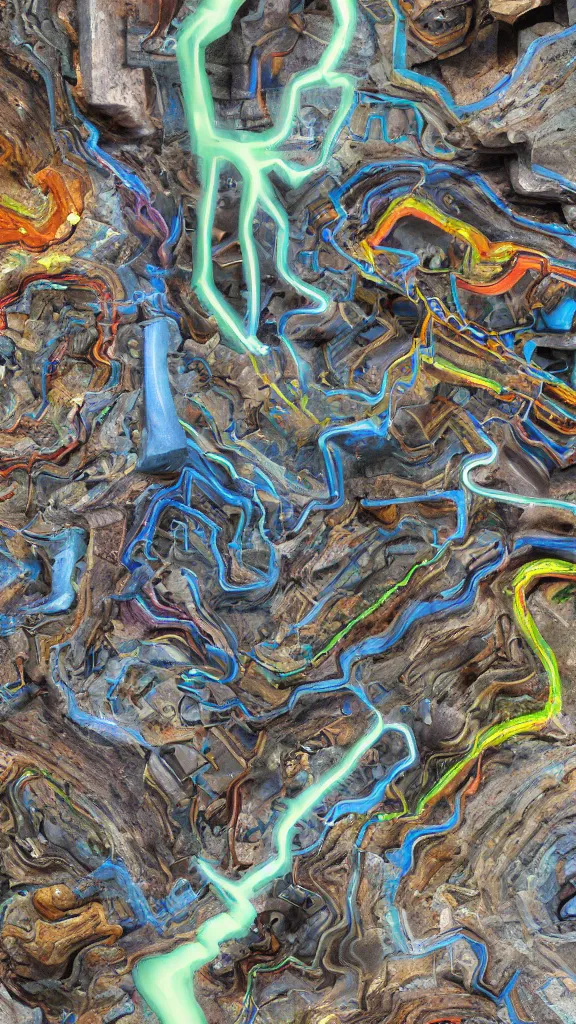 Image similar to 3D full color xray of the complex magical machine embedded within the mountain, colourful sedimentary and igneous rock and marble, rock textures industrial machinery, pistons, pipes and valves, wires, circuitry. 8k 3D geology