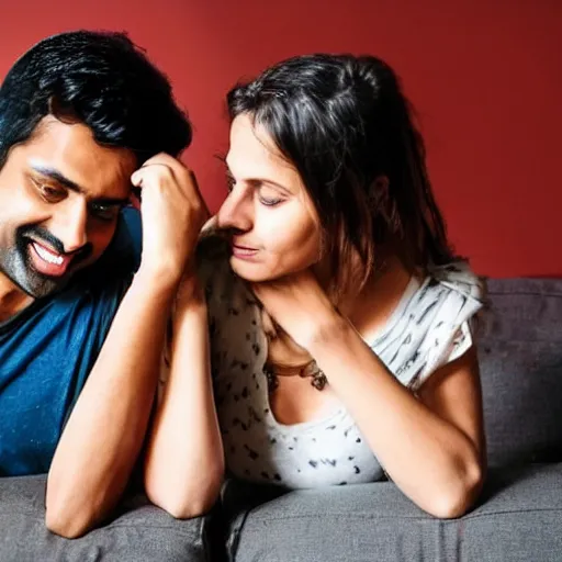 Prompt: indian guy and swedish girl drinking gin and tonics on the couch