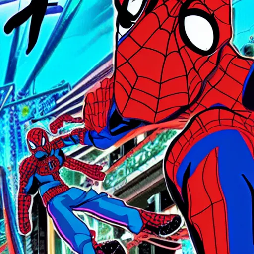 Image similar to Anime key visual of Cyberpunk ninja Spider-Man in a colorful blue and scarlet suit, wearing a scarlet hoodie, riding a skateboard in Berlin, official media drawn by Hirohiko Araki, anime magazine cover, manga cover, shonen jump cover, in the style of JOJO’s bizarre adventure, Hirohiko Araki artwork, takashi murakami artwork