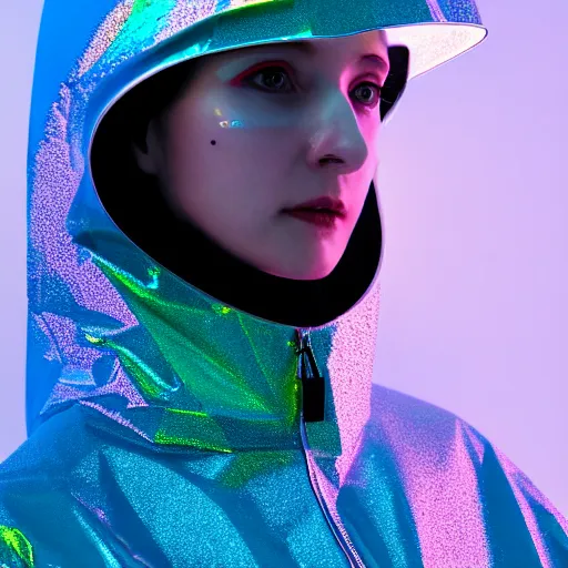 Image similar to an ultra high definition professional studio quality photograph of an artificially intelligent cyberpunk art influencer wearing a transparent iridescent pastel coloured face visor and matching raincoat on white coat hook in a sheer icelandic black rock environment. dramatic lighting. volumetric shadows. light rays