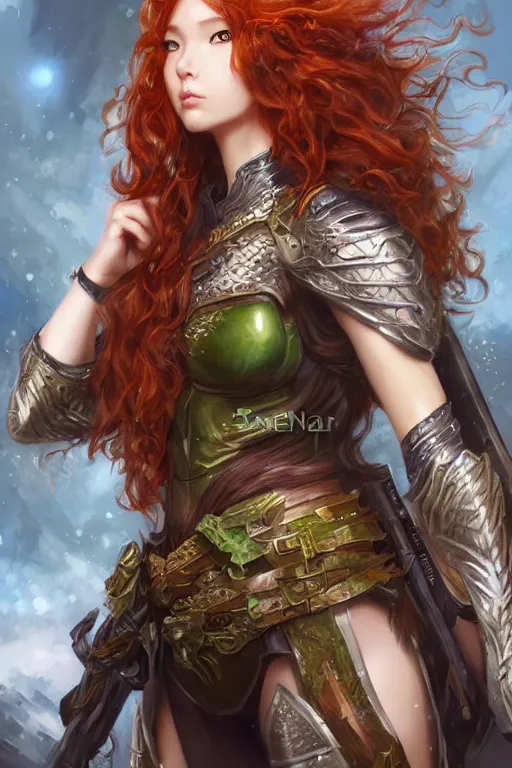 Image similar to A realistic anime portrait of long curly haired redhead female ranger wearing an intricate fantasy ranger outfit, asian facial features, green eyes, digital painting, by Stanley Artgerm Lau, Sakimichan, WLOP and Rossdraws, digtial painting, trending on ArtStation, SFW version