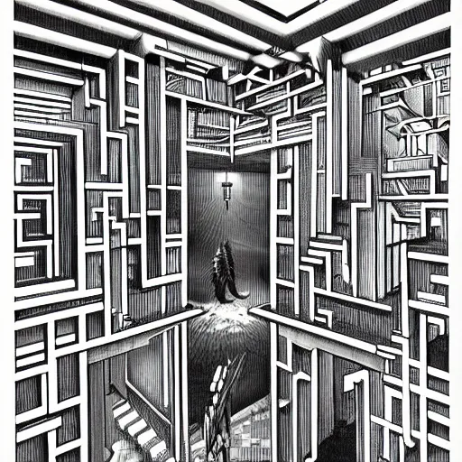 Image similar to a giant wolf in a huge bright maze of many doorways and lots of stairs, many doorways, inside MC Escher architecture, artstation, Junji Ito, epic composition