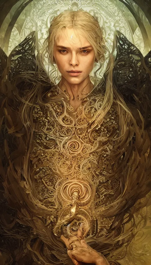 Image similar to sries and whispers, fame of thrones, lord of daggers, neon, fibonacci, sweat drops, intricate fashion clothing, insane, intricate, highly detailed, surrealistic, digital painting, artstation, concept art, smooth, sharp focus, illustration, Unreal Engine 5, 8K, art by artgerm and greg rutkowski and alphonse mucha