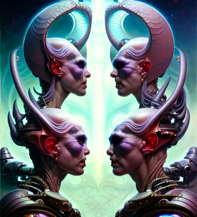 Prompt: beautiful gemini fantasy character portrait, ultra realistic, wide angle, intricate details, total recall artifacts, highly detailed by peter mohrbacher, hajime sorayama, wayne barlowe, boris vallejo, aaron horkey, gaston bussiere, craig mullins