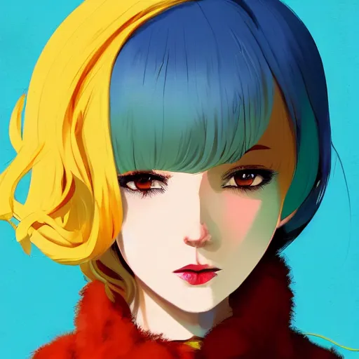 Image similar to ilya kuvshinov with long sky blue hair, gold eyes, amber eyes, boyish face, professional digital painting, concept art, award - winning photography, cinematic, brick wall background, fur scarf, crazy, yandere, wlop, color block, pop, hip, art by andy warhol, pixiv art, yoshitaka amano