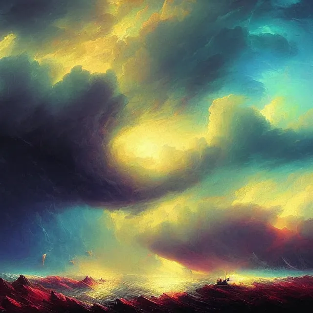 Image similar to the eye of an hurricane, fantasy landscape, colorful, sharp and focus, ultra detailed, beautifully lit landscape, astrophotography, in the art style of dan mumford, ivan aivazovsky and marc simonetti