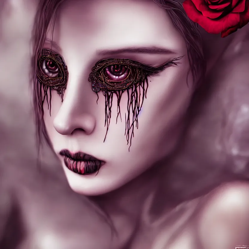 Prompt: single faced portrait of enchanting femenine witch, hyper attractive, seductive, very complex, hyper - maximalist, overdetailed, legendary cinematic, darkfantasy, archetype with timeless beauty breathtaking eyes, highly intricate, realism, roses, perspicious detail, silent hill aesthetic, photorealistic, lifelike, dslr 8 k, unbeatable coherency, octane render