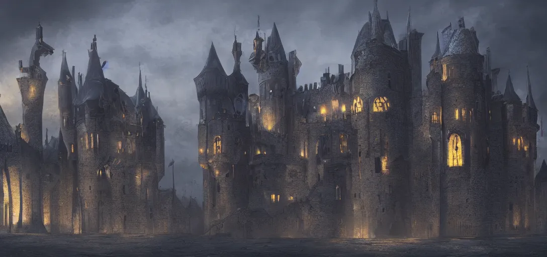 Image similar to A digital concept art painting of a dark blue medieval fantasy european ghotic castle with black brick in desert, 4K UHD image, unreal engine, Graphic Novel, Visual Novel