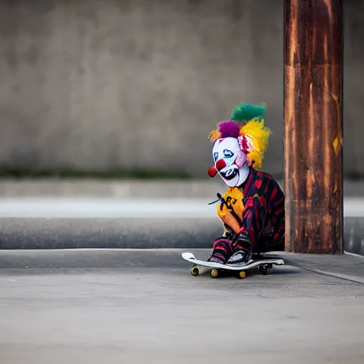 Prompt: a clown smoking a cigarette while skateboarding at a skate park, award winning photography, detailed eyes, sports photography,