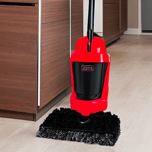 Prompt: walk - behind floor scrubber machine, red body black top