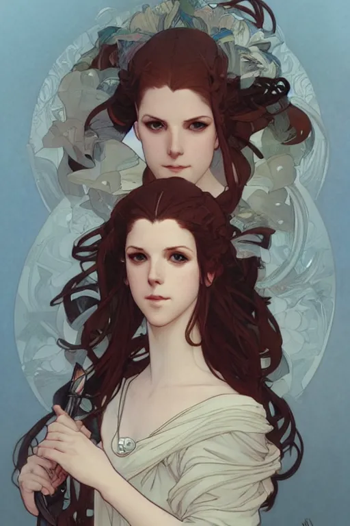 Image similar to goddess who looks like anna kendrick, by Krenz Cushart and Artem Demura and Alphonse Mucha, amazing detail, stunning lines, flat colors, 4K, character design, concept art