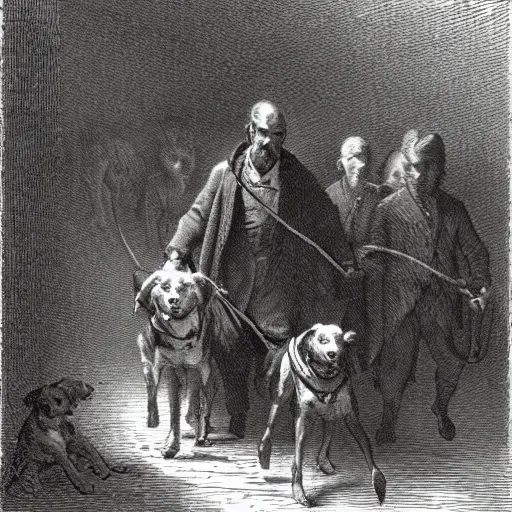 Prompt: a gentleman leading wild dogs on a leash, creepy, chiaroscuro, dark night, illustration by Gustave Doré,