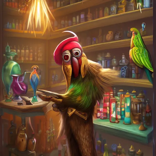 Image similar to Anthropomorphized parrot trader in his shop, shelves full, selling a gem, portrait, items, magic potions, carpet, window, fancy funny hat, sly expression , cunning expression, cute expression, presenting magic gem, D&D, fantasy, cinematic lighting, highly detailed, digital painting, artstation, concept art, smooth, sharp focus, illustration, warm light, cozy warm tint, magic the gathering artwork, volumetric lighting, 8k, no gold, no gold colours, art by Akihiko Yoshida, Greg Rutkowski