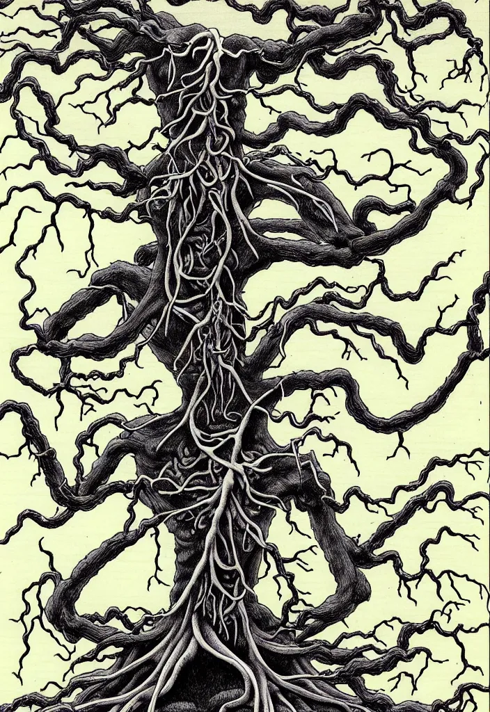 Prompt: prompt: anatomy dissection drawing of magical white skeleton Bonsai tree squid creature roots merging into big moon drawn by Takato Yamamoto, bonsai skeleton anatomy atlas, veins and organs attached to tree roots, alchemical objects inspired by 1980's sci-ci, intricate oil painting detail, manga 1980