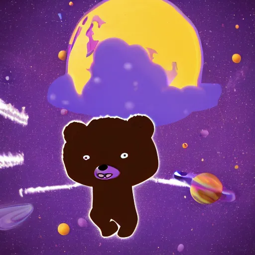 Image similar to cartoon illustration of a bear mascot being launched from a futuristic marble planet, purple and orange cloudland