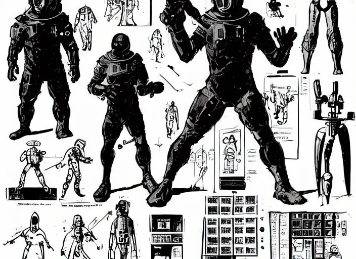 Image similar to male, heroic figure, space suit, science fiction, sketch, character sheet, very stylized, upa style, digital art, illustration, pen and ink, by mike mignola, by alex maleev