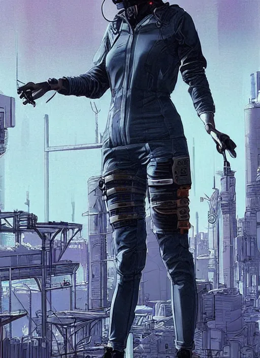 Prompt: careful Maria. Female cyberpunk assassin wearing a cyberpunk tactical headset and jumpsuit. gorgeous face. Realistic Proportions. Concept art by James Gurney and Laurie Greasley. Moody Industrial skyline. ArtstationHQ. Creative character design for cyberpunk 2077.