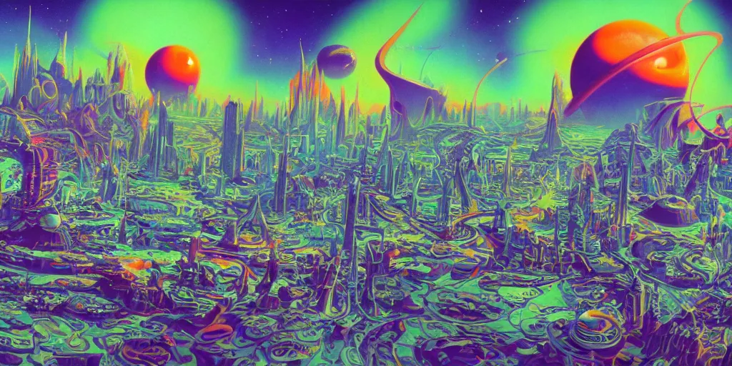 Image similar to a psychedelic retro sci fi city in space by roger dean, digital art, trending on artstation, 4k, equirectangular projection, 360