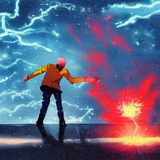 Image similar to man hitting the ground creating a explosion, anime, album cover, rain