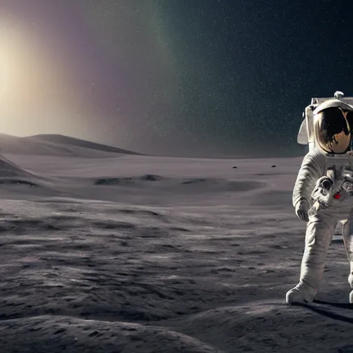 Prompt: an astronaut sitting on the landscapes of the moon alone, hyperrealistic, artstation, concept art, 8k,