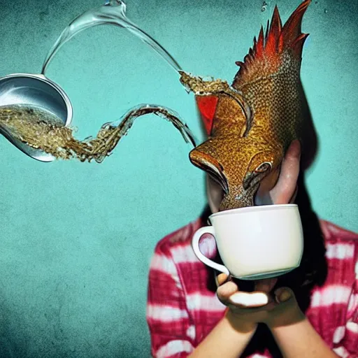 Prompt: photomanipulation of a supernatural fish drinking a cup of tea by a straw.