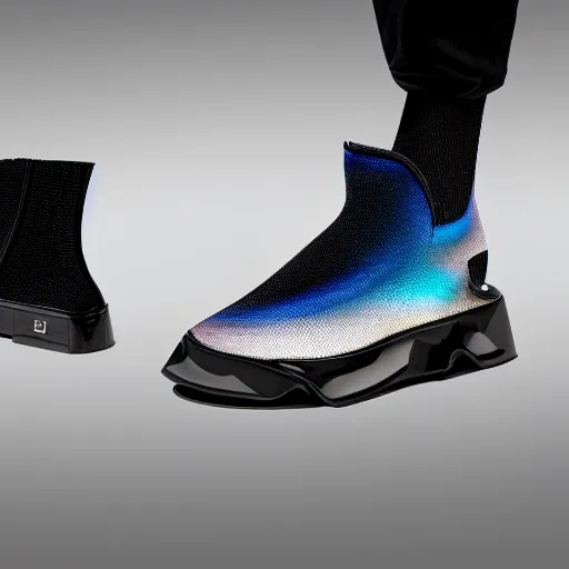 Image similar to photo of futuristic balenciaga and vetements sneakers by felipe pantone and giger and cronenberg, ultra rendered extreme realism and detail, 8 k, highly detailed, realistic, pbr, surreal, hyper realistic, colorful, direct lighting, photorealistic,