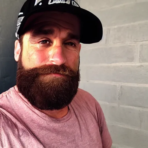 Image similar to a middle age bearded social media dork with generic baseball hat and a fake guru vibe, short groomed beard, douchey expression, generic trucker hat