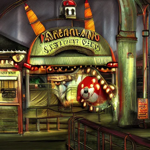 Prompt: amusement park at night, stuffed animals, game'silent hill'digital art