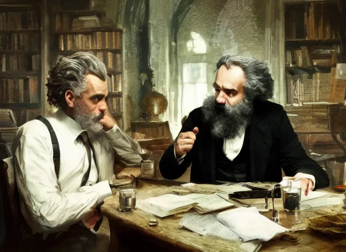 Image similar to Jordan Peterson having a conversation with Karl Marx by Greg Rutkowski, 4k, masterpiece