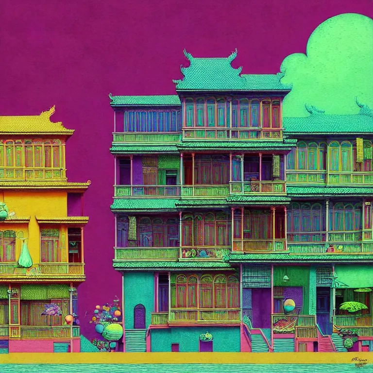 Prompt: surreal glimpse into other universe, peranakan house, summer morning, very coherent and colorful high contrast, art by!!!! gediminas pranckevicius!!!!, geof darrow, floralpunk screen printing woodblock, dark shadows, hard lighting, stipple brush technique,