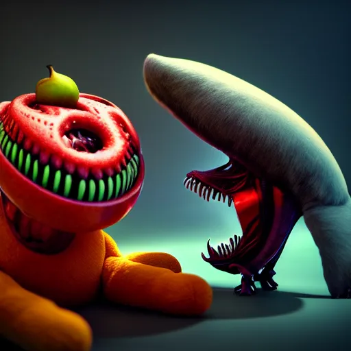 Image similar to beautiful digital fantasy illustration of alien fruit, a creepy dog attacking a stuffed animal, octane render, detail texture, unreal engine, 8 k, photographic quality, ultra hyper realistic quality