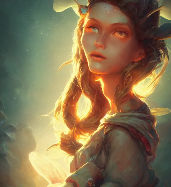 Image similar to centered waist up portrait photography an angel + bokeh + DOF + 8k, photorealistic + rendered in unreal engine + colors and composition by Peter Mohrbacher + line work by Dan Mumford , ultra realistic