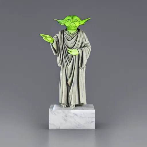 Image similar to Marble statue of Yoda, highly detailed, high quality, HD, 4k, 8k, Canon 300mm, professional photographer, 40mp, lifelike, top-rated, award winning, realistic, sharp, no blur, edited, corrected, trending