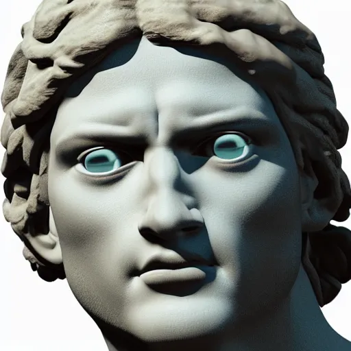 Image similar to a 3 d render of the head of david statue with a neon ring around the head, in the style of michelangelo